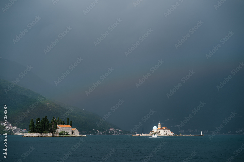 Stormy sky over small islands in the Kotor Bay