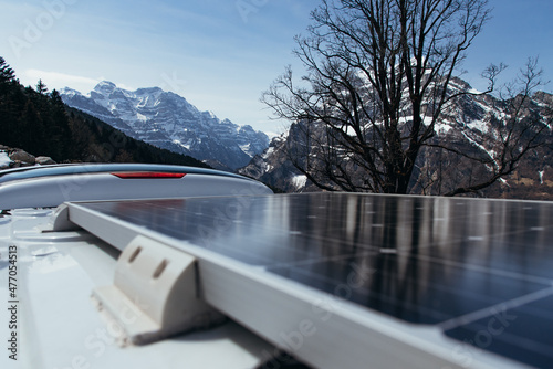 Solar panels on a roof of a camping van - self-sufficient camping