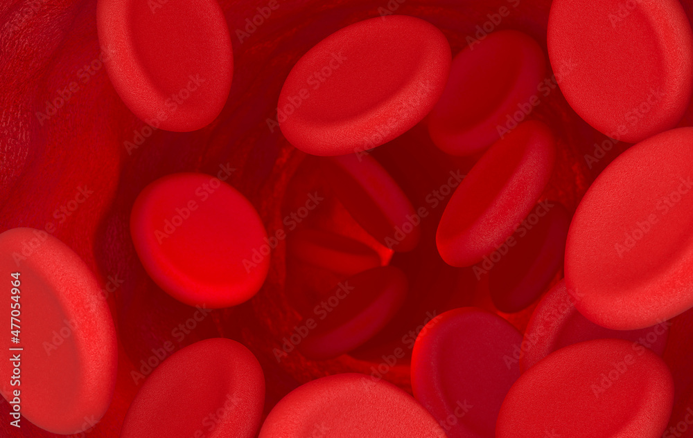 Blood cells in the artery. Scientific medical background. 3D illustration