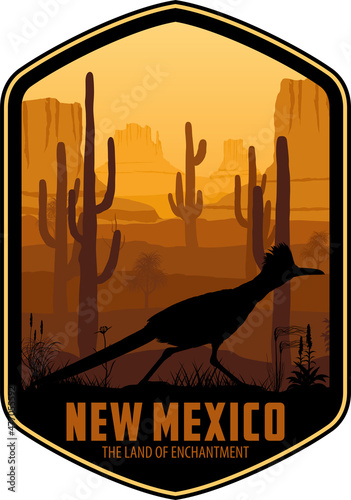 New Mexico vector label with Greater Roadrunner in desert with saguaro photo