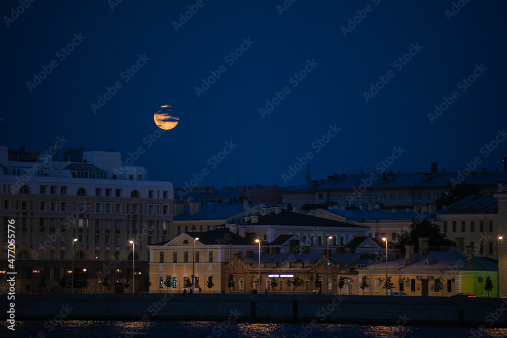Urban landscape in Saint Petersburg, with a light haze over the river Neva. High quality photo