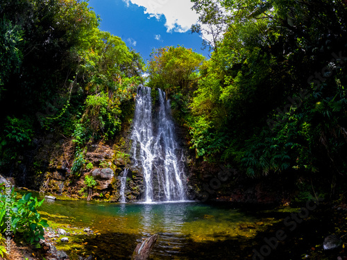 View of a waterfall hidden in a forest located in Mauritius