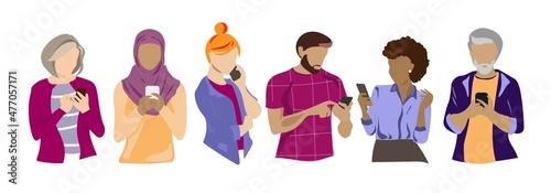 Multiracial young and old People use smartphone and Chatting.Different people man and woman talking and typing on the Phone.Collection of female and male character sisolated on different layers.Vector photo