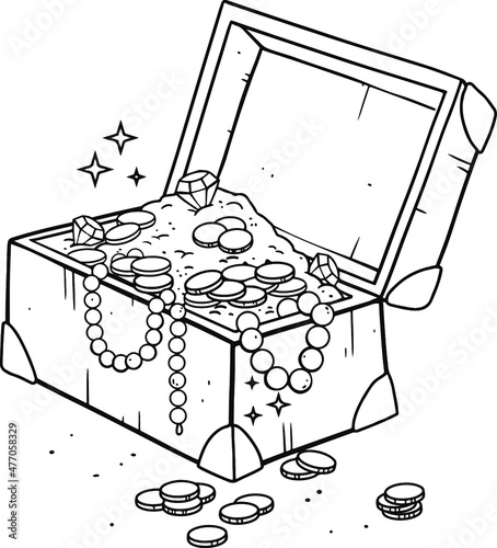 A fabulous treasure chest drawn with a line. Wealth. Coloring book.