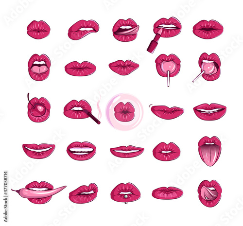 Set of women lips in a modern style. Isolated on white background illustrations of a female mouth. Erotic puffy lips stickers.