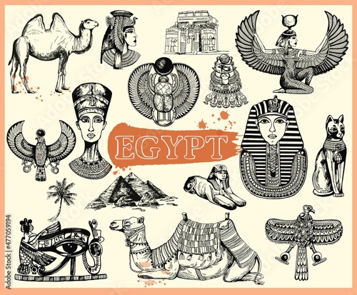 Set of hand drawn sketch style Egyptian themed objects. Vector illustration.