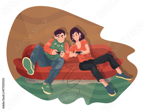 A couple are playing a console. Colorful detailed illustration with a young couple. Love story of one pair.