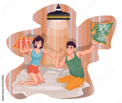 The guy and the girl are fighting with pillows. Colorful detailed illustration with a young couple. Love story of one pair.