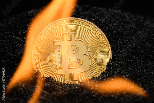 Burning Bitcoin. Golden Bitcoin coin in real flames. Bitcoin on fire. Burning BTC cryptocurrency