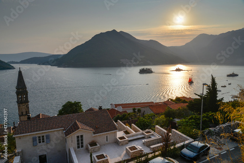 Sunset at Perast Bay,and islets of Saint George and Our Lady of the Rocks, at Perast,Montenegro.