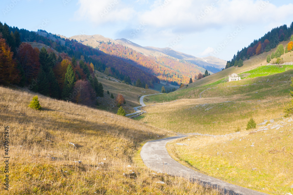 Mount Grappa autumn landscape. Italian Alps view