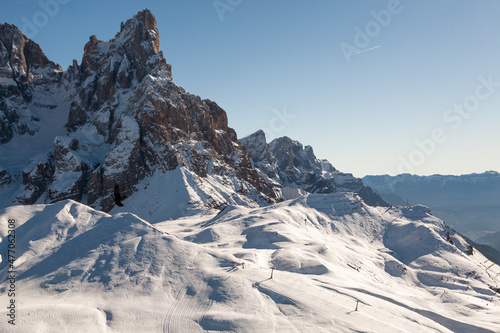 Rolle pass winter view, San martino di Castrozza, Italy. Cimon della Pala peak view.