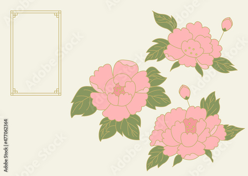 Vector illustration of Korean traditional painting with peony flowers.