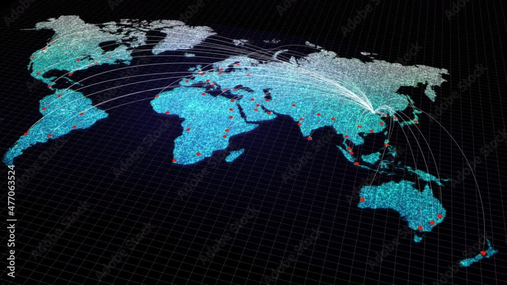 Global connectivity from Beijing, China to other major cities around the world. Technology and network connection, trading and traveling concept. World map element of this clip furnished by NASA. Global connectivity from Beijing, China to other major cities around the world. Technology and network connection, trading and traveling concept. World map element of this clip furnished by NASA.