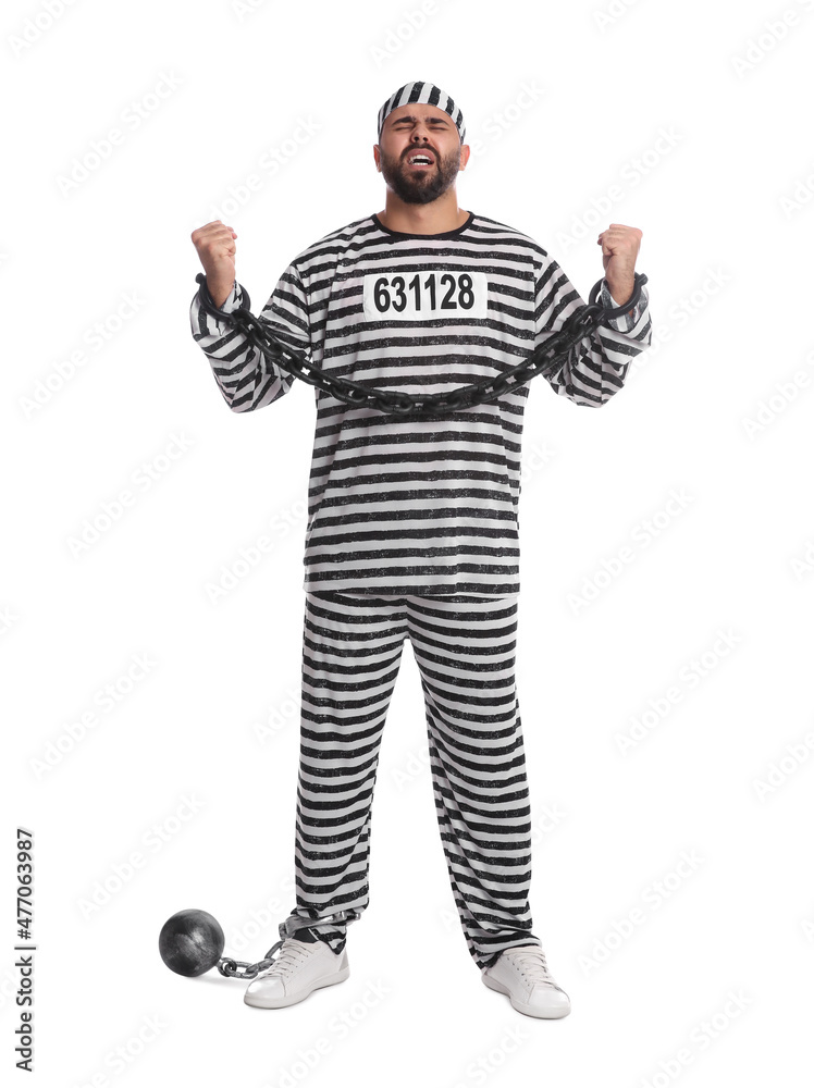 Prisoner in special uniform with chained hands and metal ball on white background Prisoner in special uniform with chained hands and metal ball on white background
