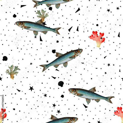 beautiful vintage repeated seamless pattern of fish, sea and ocean creatures