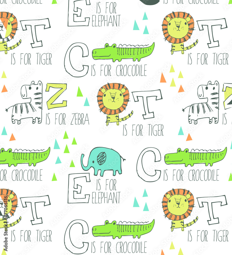 Cute zebra, tiger, crocodile, elephant seamless pattern vector illustration for kids. Can be used for nursery wall decor, baby textile, wrapping paper, packaging, wallpaper, baby clothes design.