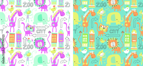 Cute animals pattern, Cute seamless pattern vector illustration for kids. Can be used for nursery wall decor, baby textile, baby bedding set, wrapping paper, packaging, wallpaper, baby clothes design.