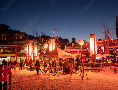 Apres ski in the Whistler village at dusk in winter.