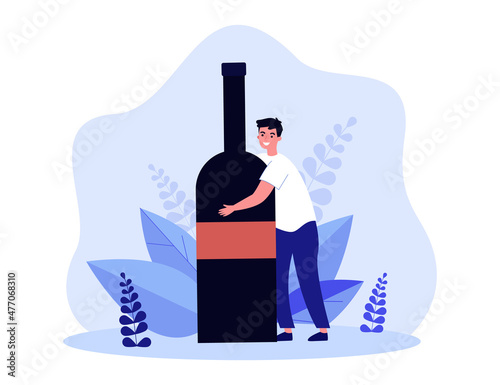 Happy cartoon man hugging huge wine bottle. Male character with alcoholic drink flat vector illustration. Alcohol, beverage, celebration concept for banner, website design or landing web page