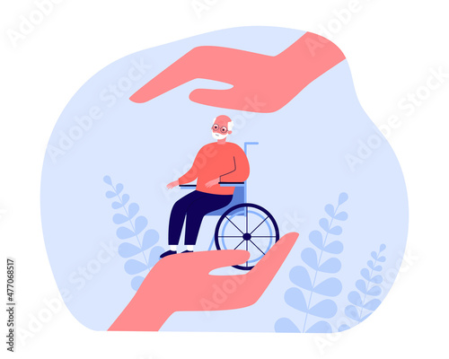 Giant hands holding elderly man on wheelchair. Senior person with physical disability flat vector illustration. Disability, elderly care, support concept for banner, website design or landing web page