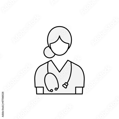 Young female doctor or nurse wearing scrubs and stethoscope.