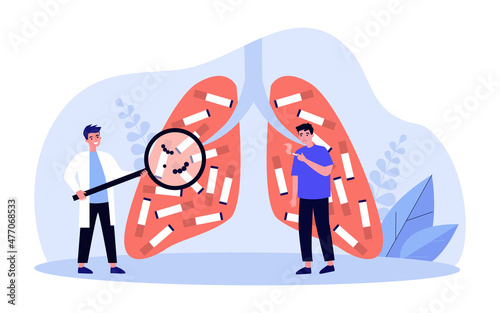 Sad smoker and doctor examining huge lungs full of cigarettes. Man addicted to smoking, medical appointment flat vector illustration. Health, medicine, addiction concept for banner or landing web page
