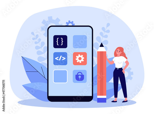 Female application developer with huge pencil and smartphone. Phone screen with different icons flat vector illustration. Technology, software development concept for banner or landing web page