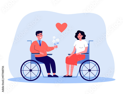 Married couple with physical disability on date. Man in wheelchair giving flowers to woman flat vector illustration. Love, relationship, disability, accessibility concept for banner or website design