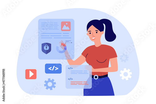 Female content creator analyzing statistics on website. Girl managing information online, content management flat vector illustration. Social media marketing concept for banner or landing web page