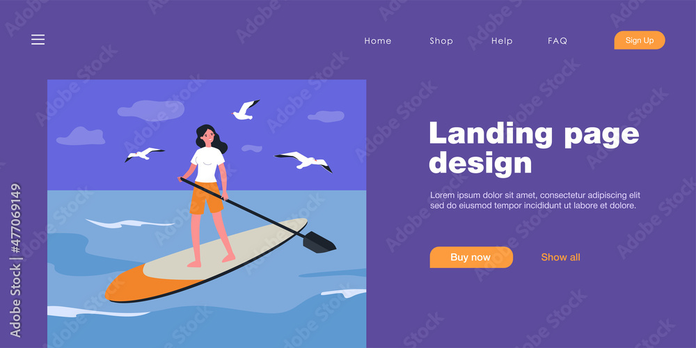 Girl standing on board with paddle. Flat vector illustration. Young woman interested in stand-up paddle boarding, doing water sports, swimming on water. Sport, surfing, fitness, nature, hobby concept