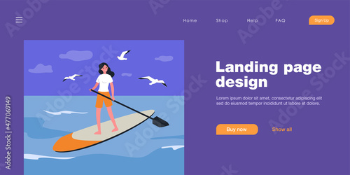 Girl standing on board with paddle. Flat vector illustration. Young woman interested in stand-up paddle boarding, doing water sports, swimming on water. Sport, surfing, fitness, nature, hobby concept