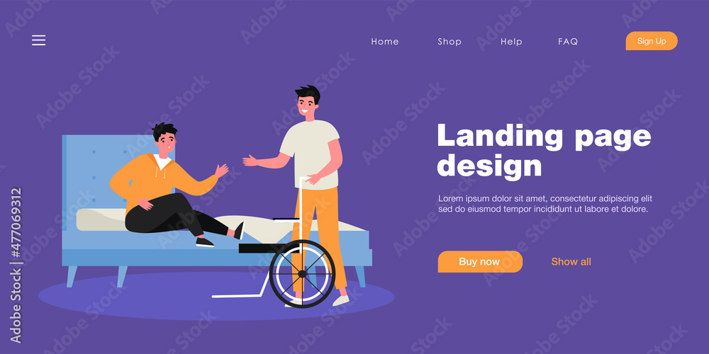 Friend or assistant helping man get on wheelchair from bed. Disabled person in bedroom flat vector illustration. Assistance, disability, friendship concept for banner, website design or landing page Friend or assistant helping man get on wheelchair from bed. Disabled person in bedroom flat vector illustration. Assistance, disability, friendship concept for banner, website design or landing page