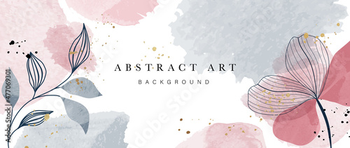 Abstract art botanical background vector. Luxury wallpaper design with women face, leaf, flower and tree  with earth tone watercolor and gold glitter. Minimal Design for text, packaging and prints.