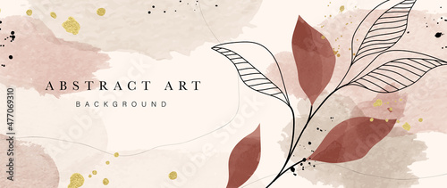 Abstract art botanical background vector. Luxury wallpaper design with women face, leaf, flower and tree  with earth tone watercolor and gold glitter. Minimal Design for text, packaging and prints.