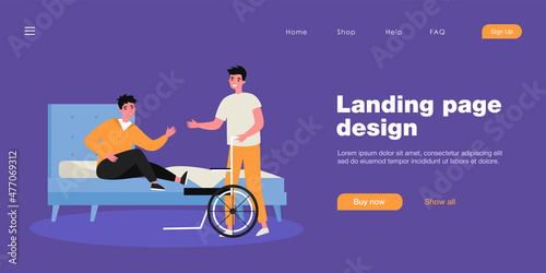 Friend or assistant helping man get on wheelchair from bed. Disabled person in bedroom flat vector illustration. Assistance, disability, friendship concept for banner, website design or landing page