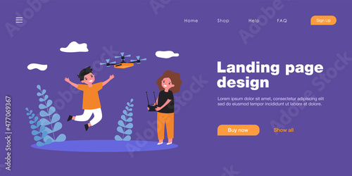 Children flying drone outside. Girl controlling drone with remote, boys running and jumping flat vector illustration. Technology, entertainment concept for banner, website design or landing web page