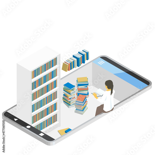 アイソメトリック スマートフォンに電子書籍をダウンロードする 電子図書室で本を読む人のイメージイラスト ベクター