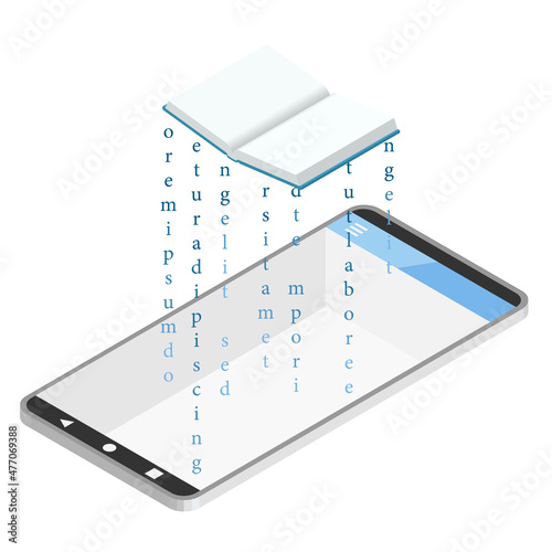 アイソメトリック スマートフォンに電子書籍をダウンロードしているイメージイラスト ベクター