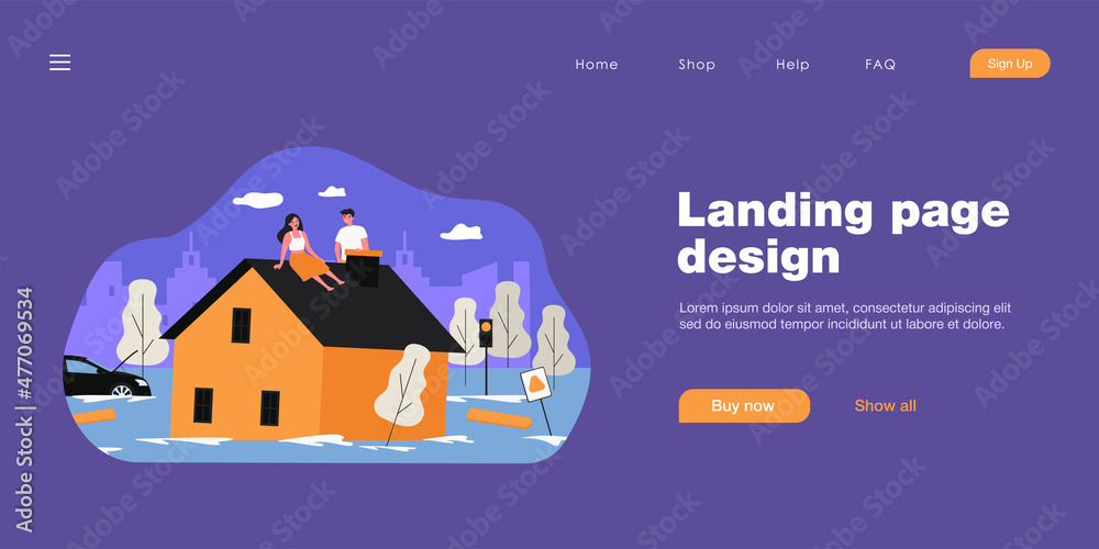 Flood victims sitting on roof of house. Flat vector illustration. Man ...