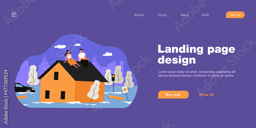 Flood victims sitting on roof of house. Flat vector illustration. Man and woman waiting for help while car, trees, road signs drowning in water. Emergency, natural disaster, flood, rescue concept