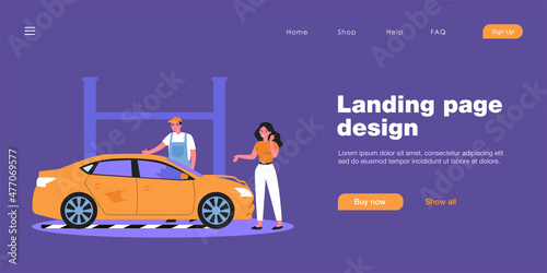 Female driver and broken car at auto service. Woman talking to mechanic, worker examining damaged vehicle flat vector illustration. Car repair concept for banner, website design or landing web page