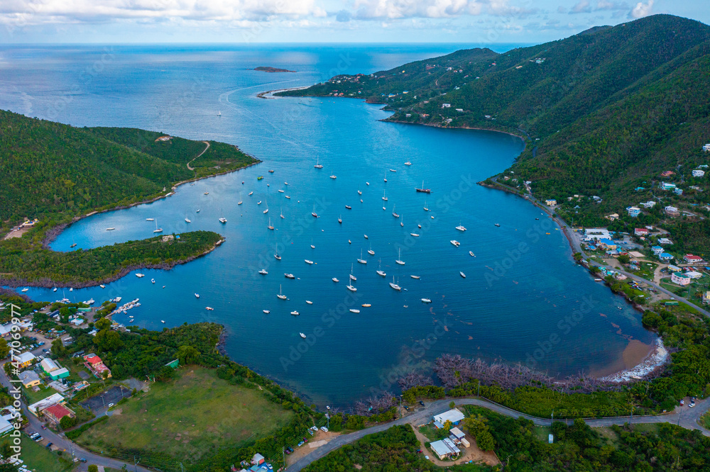 Aerial view of Coral Bay Harbor in St John, Virgin Islands