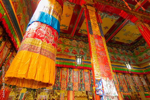 Buddhist thangka - a Tibetan Buddhist painting on cotton, or silk applique - in a monastery in Ralong, Sikkim, India