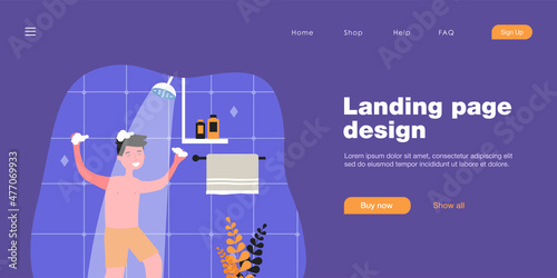 Happy boy in shorts washing hair in shower. Kid with soapy hands using shampoo in bathroom flat vector illustration. Hygiene, lifestyle concept for banner, website design or landing web page