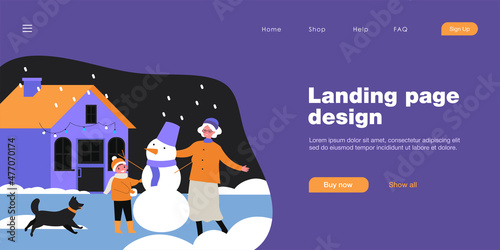Grandma and grandson making snowman together in backyard. Flat vector illustration. Old woman, child, dog having fun under snowfall. Family, winter, Christmas, holidays, childhood concept for design