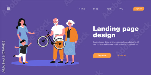 Grandfather and grandmother giving their grandson bicycle. Flat vector illustration. Mom and son rejoicing at gift from older family members. Surprise, gift, birthday, childhood, family concept