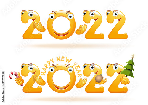 2022 New Year symbol set. Amusing hilarious anthropomorphic numbers 2022. Happy numbers 2022 go to celebrate the New Year. Vector illustration