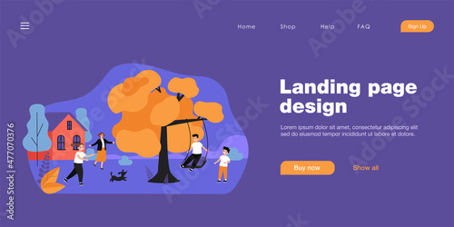 Grandmother greeting children playing outside. Grandson swinging on swing on tree branch flat vector illustration. Family, outdoor activity concept for banner, website design or landing web page