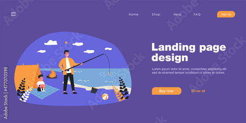 Father fishing on beach with his little son. Flat vector illustration. Young man and boy spending time in tent on shore, making bonfire. Childhood, nature, fatherhood, travel, hike, tourism concept